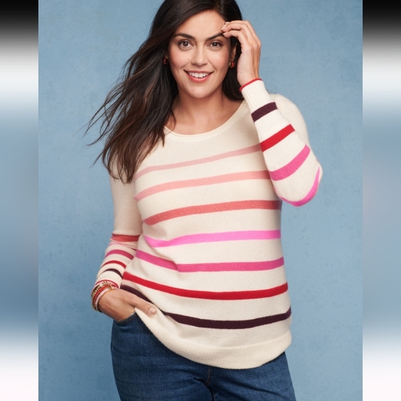 🆕Talbots Cashmere Crewneck Pullover Striped Sweater in Cream, Pink, Red Size XS - Picture 2 of 8